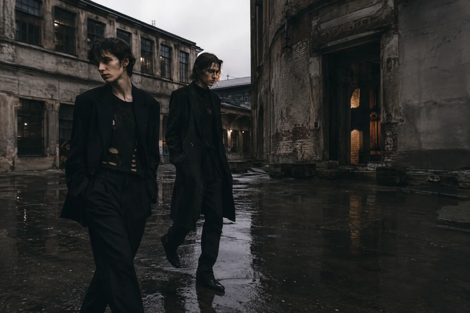 Two models in an industrial courtyard