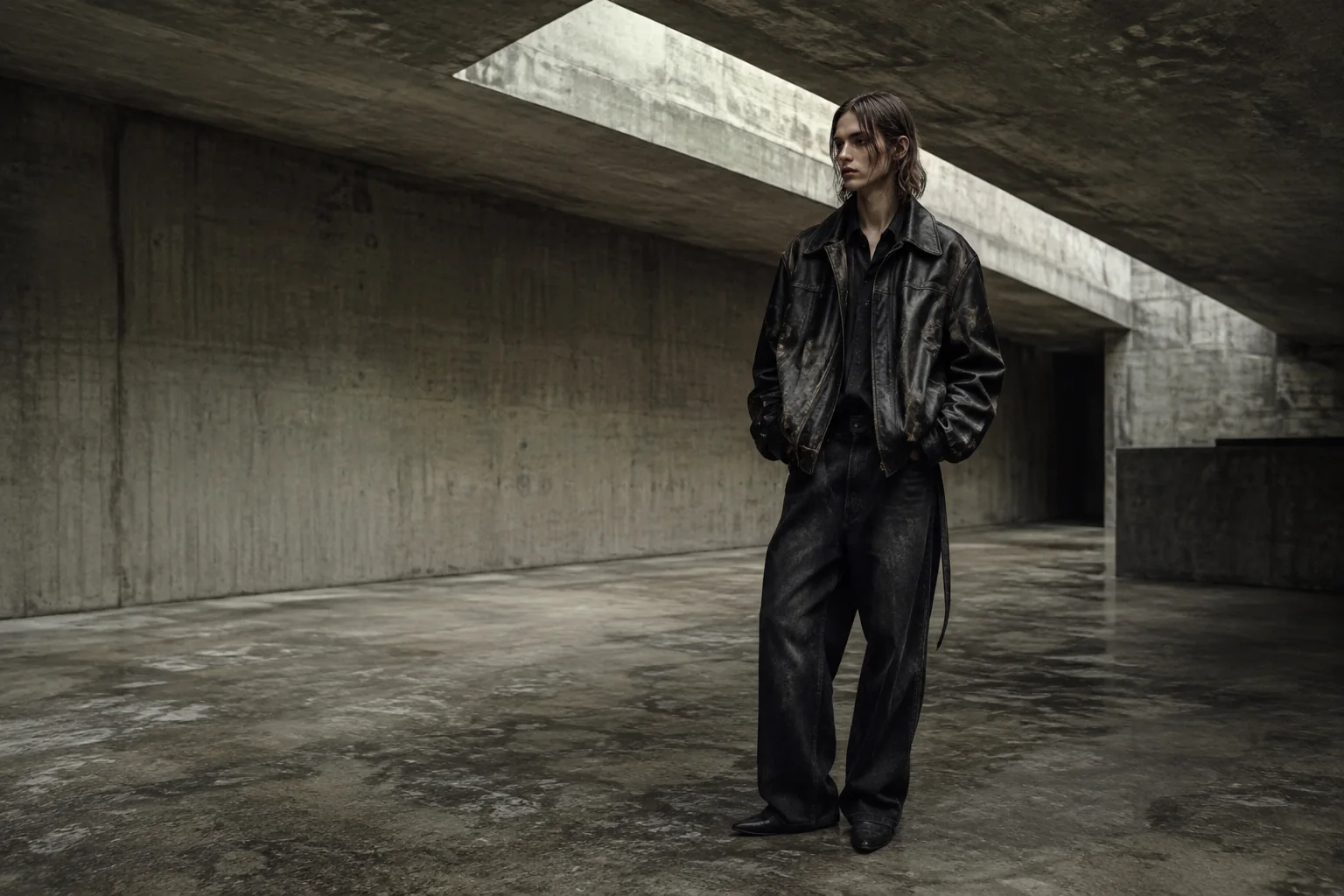 Model wearing black leather in brutalist architecture
