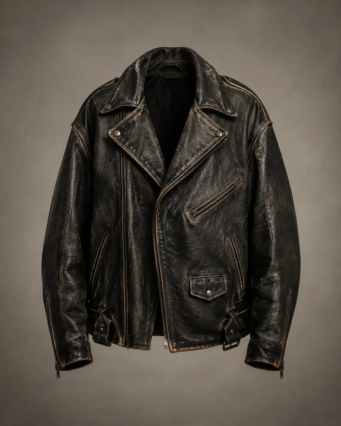Distressed black leather jacket